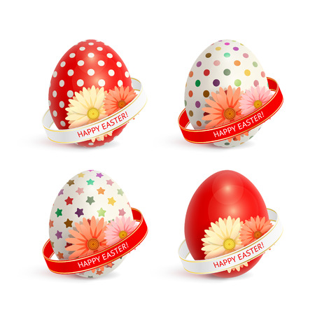 Set of colorful Easter eggs decorated with ribbons and flowersのイラスト素材