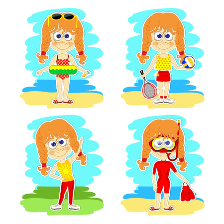 Set of four scenes with funny redheaded girls on vacationのイラスト素材