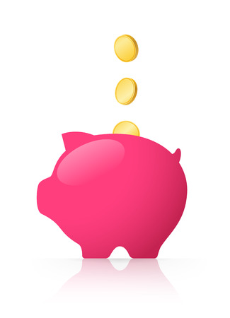 Pink piggy bank and gold coins  above it, on white backgroundのイラスト素材