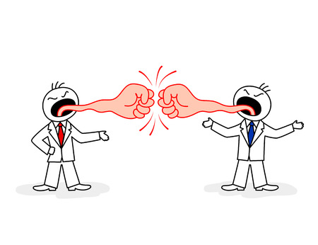 Two stylized figures of disgruntled men in suit and neckties with tongues in form of fistsのイラスト素材