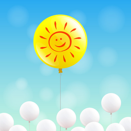 Big yellow balloon with sunny face is flying in the blue sky, many little white balloons belowのイラスト素材