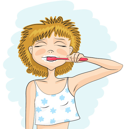 Girl with tousled hairs is brushing his teeth, with her eyes closed. Hygienic proceduresのイラスト素材