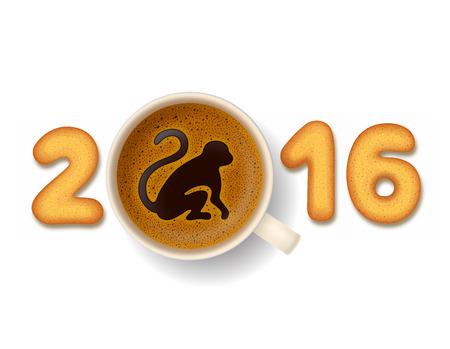 Coffee cup with symbol of New Year 2016,cookies in shape of numerals, on white backgroundのイラスト素材