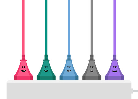 Grey power strip and colored cables. Funny faces on power plugs. Stylized drawing.のイラスト素材