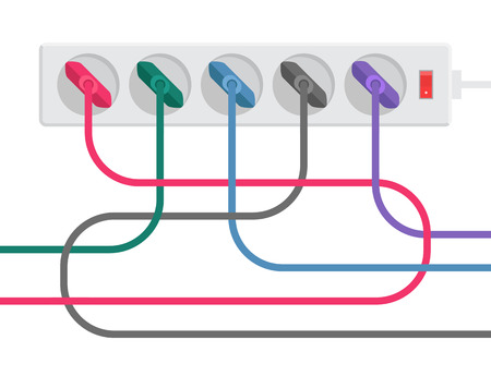 Gray power strip and multicolored tangled cables with plugs. Time to bring order. A stylized drawingのイラスト素材