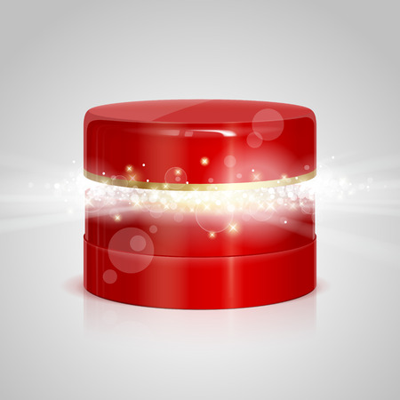 Ajar box for cosmetics with surprise inside. Glow, sparkles, lights and rays inside box. The magic cosmetics. Beauty and fashion conceptのイラスト素材