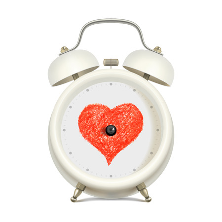 White alarm clock with red heart in clock face center, without minute hand and without hour hand, on light background. Love and time conceptのイラスト素材