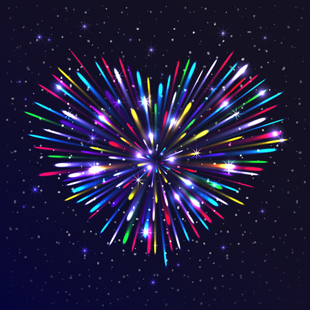 Heart-shaped firework with multicolored lights. The glow and sparkle around. Bright love conceptのイラスト素材