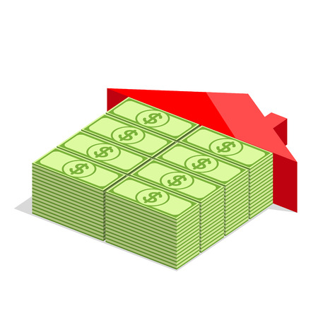 House icon with blocks from bundles of dollars and with red roof. Money is the basic building material. Building conceptのイラスト素材