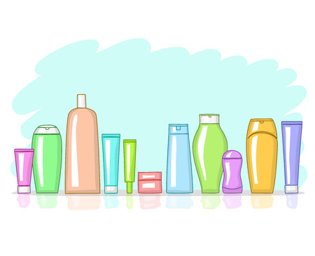 Various multicolor cosmetic products. Different jars and tubes are standing in a row. A lot of cosmeticsのイラスト素材