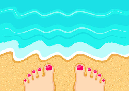 Female feet on the sand in front of the sea waves. Rest at the beach. Leisure and relaxation conceptのイラスト素材