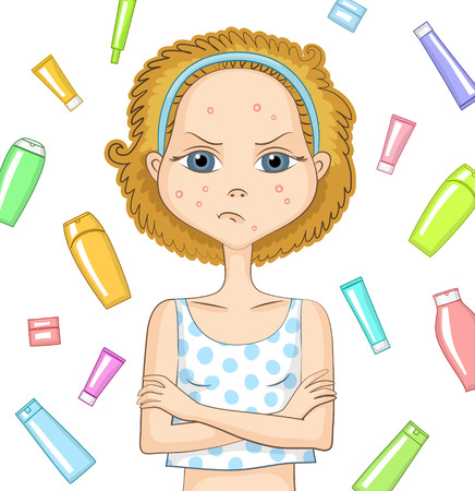 Girl with problem skin and with sad displeased face is keeping her arms crossed over her chest. Various cosmetic products behind girl. Skin care and beauty conceptのイラスト素材