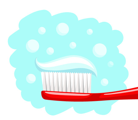Portion of toothpaste is laying on toothbrush with white bristle and red handle, on blue background with bubbles. Personal hygiene and health conceptのイラスト素材