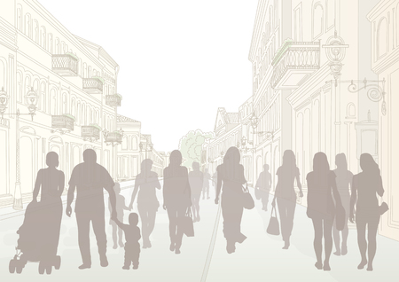 Daytime city street and dark people silhouettesのイラスト素材