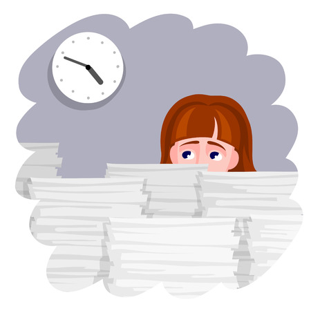 Woman with dismay is looking at the clock. A lot of stacks of documents in front of her. Deadline and overloading by work conceptのイラスト素材