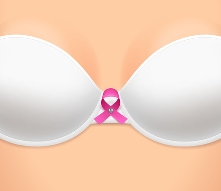Woman's breast dressed in white bra and pink loop-shaped ribbon as symbol of breast cancer awarenessのイラスト素材