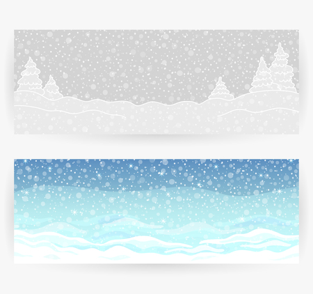 Winter festive backgrounds with winter landscapes, snow, snowflakes in gray and blue colors. Horizontally rectangular bannersのイラスト素材