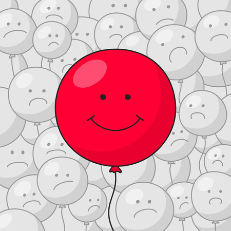 Big red balloon with funny smiling face at the foreground and many small gray balloons with disgruntled faces at the background. Success in business conceptのイラスト素材