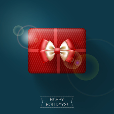 Red gift box tied with ribbon and decorated with bow, on dark background. Holiday congratulations belowのイラスト素材