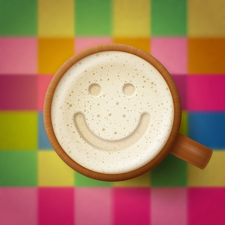 Wooden mug of beer, smiling face at froth, on cute checkered background. Fun and good mood conceptのイラスト素材