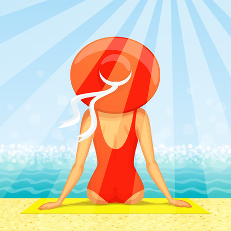 Slender woman dressed in red swimsuit with big hat at her head is sitting on the beach with seascape ahead, in sunbeams. Back viewのイラスト素材