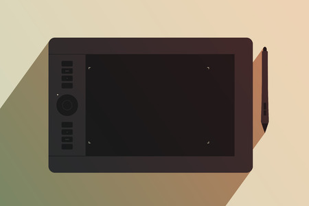 Black graphic tablet and stylus nearby. Tool for creativity. Modern device for graphic design. Tinting effectのイラスト素材