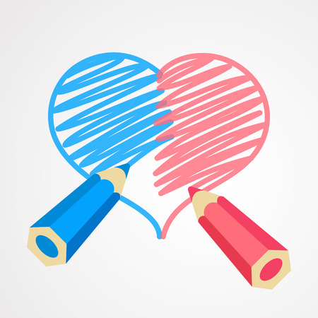 Blue and pink pencils are drawing together a whole heart. One heart for two person. Harmony in love. Heterosexual couple conceptのイラスト素材