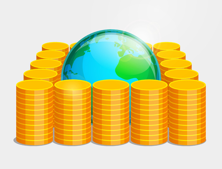 Terrestrial globe is lying inside piles of gold coins. Money as basis of stability and safety in the worldのイラスト素材