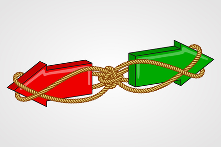 Red and green arrows pointing in opposite directions, bound with rope. Interconnection of alternatives, interdependence of opposing actionのイラスト素材
