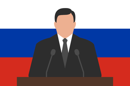 Politician is standing behind podium, flag of Russia at backgroundのイラスト素材