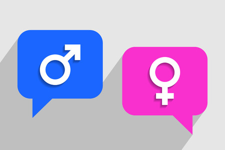 Blue and pink clouds for messages with male and female symbols inside respectively. Dialogue between man and womanのイラスト素材