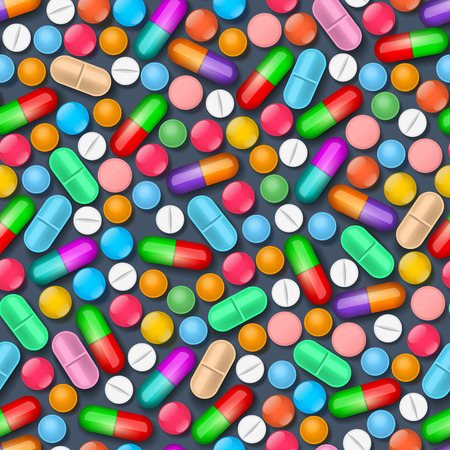 Seamless pattern with colorful medical tablets and pills on dark backgroundのイラスト素材