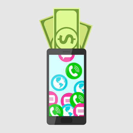 Dollars are put into mobile phone, turning into calls, sms and internet access. Mobile communication and service paymentのイラスト素材