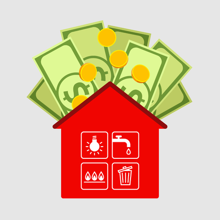 Red house icon, symbols of public utilities are in cells of window. Dollars and coins above. Payment of housing and public utility services and family budgetのイラスト素材