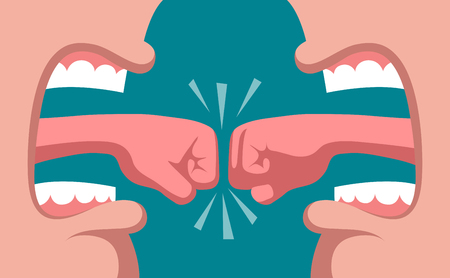 Verbal battle. Two wide-open mouths, and tongues in form of fists. Fight of opponents. Sketchのイラスト素材