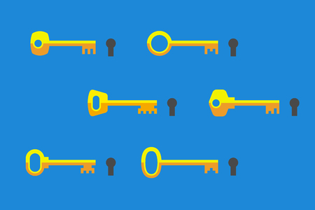 Keys of different shapes and keyholes near. Special key for special accessのイラスト素材
