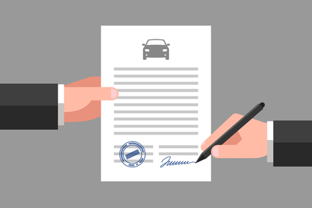 One hand is keeping a document, and another hand is keeping a pen. Car icon above the text. Signing of contract. Vehicle business and insuranceのイラスト素材