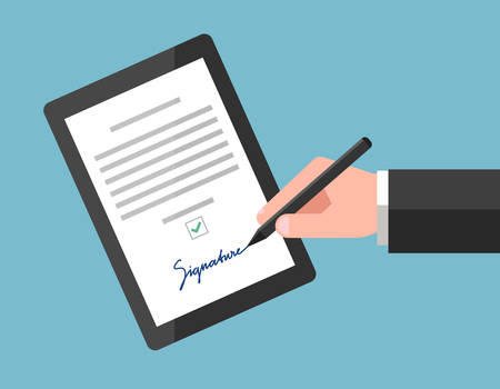 Signing of digital contract using signature, on tablet. Electronic agreement in modern businessのイラスト素材