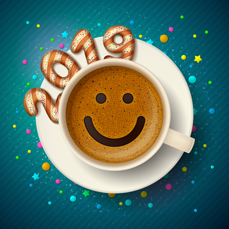 Coffee cup with smiling face on frothy surface. Cookies in form of digits are forming together a number 2019 on saucer, on festive background. Good mood and vivacity in New Yearのイラスト素材