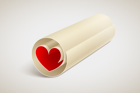 Paper scroll with red heart inside. Love message. Relationships conceptのイラスト素材