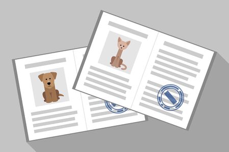 Cat and dog passport with veterinarian stamps. Pet documents