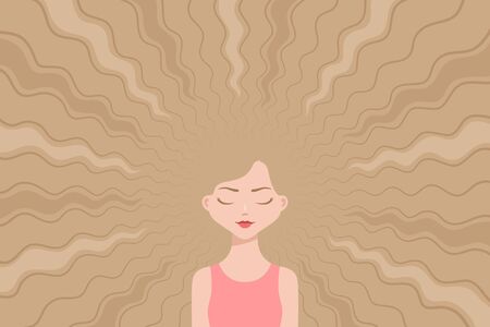 Cute girl with eyes closed, and thick endless fair-haired blond wavy hairs around her. Concept of hair care, hairdressing, hair cutting, healthy hairs and beauty trendsのイラスト素材