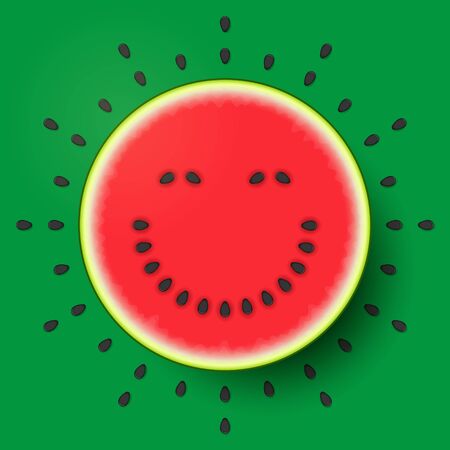 Half of fresh ripe watermelon with happy funny smiling face made from seeds on red surface, over green background. Concept of healthy organic food, raw food diet, cheerful positive dietingのイラスト素材