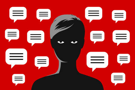 Woman silhouette with tired upset eyes, and many message clouds are around. Concept of different advices, recommendations and directives, tiredness from social media pressure and approval of othersのイラスト素材