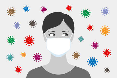 Woman protects her breathing using medical mask, looks at variety of viruses around her. Concept of protection against viral infection transmitted by airborne droplets, personal protective equipmentのイラスト素材