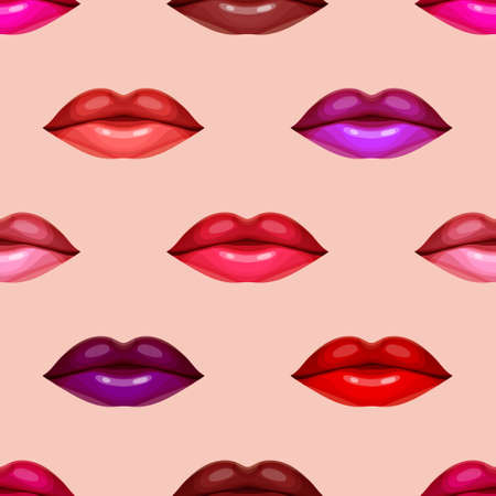 Seamless pattern of bright sexy lips with lipstick of different color applied. Fashion and beauty concept, design for beauty salon and cosmetics shopのイラスト素材
