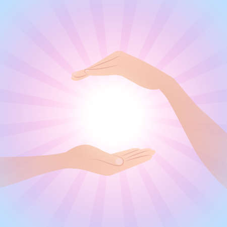 Bright glow and hands around it, and rays spreading to the sides, over light colored gradient background, with place for your text and design at center, with copy spaceのイラスト素材