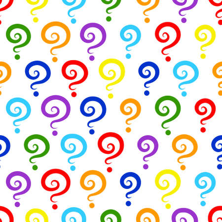 Seamless pattern from many question marks of different bright colors, isolated over white background. Simple hand drawn childish background for questionnaire, quiz, faq design, school patternのイラスト素材