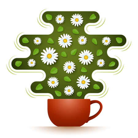 Ceramic cup of hot aromatic herbal tea with chamomile flowers and mint leaves inside steam above teacup. Concept of naturopathy, herbal medicine and relaxing healthy drinkingのイラスト素材