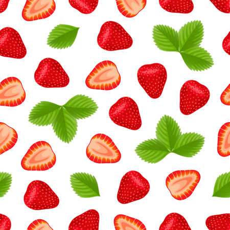 Seamless pattern with sliced ripe fresh strawberries and leaves. Organic natural healthy background, healthy food, dieting conceptのイラスト素材